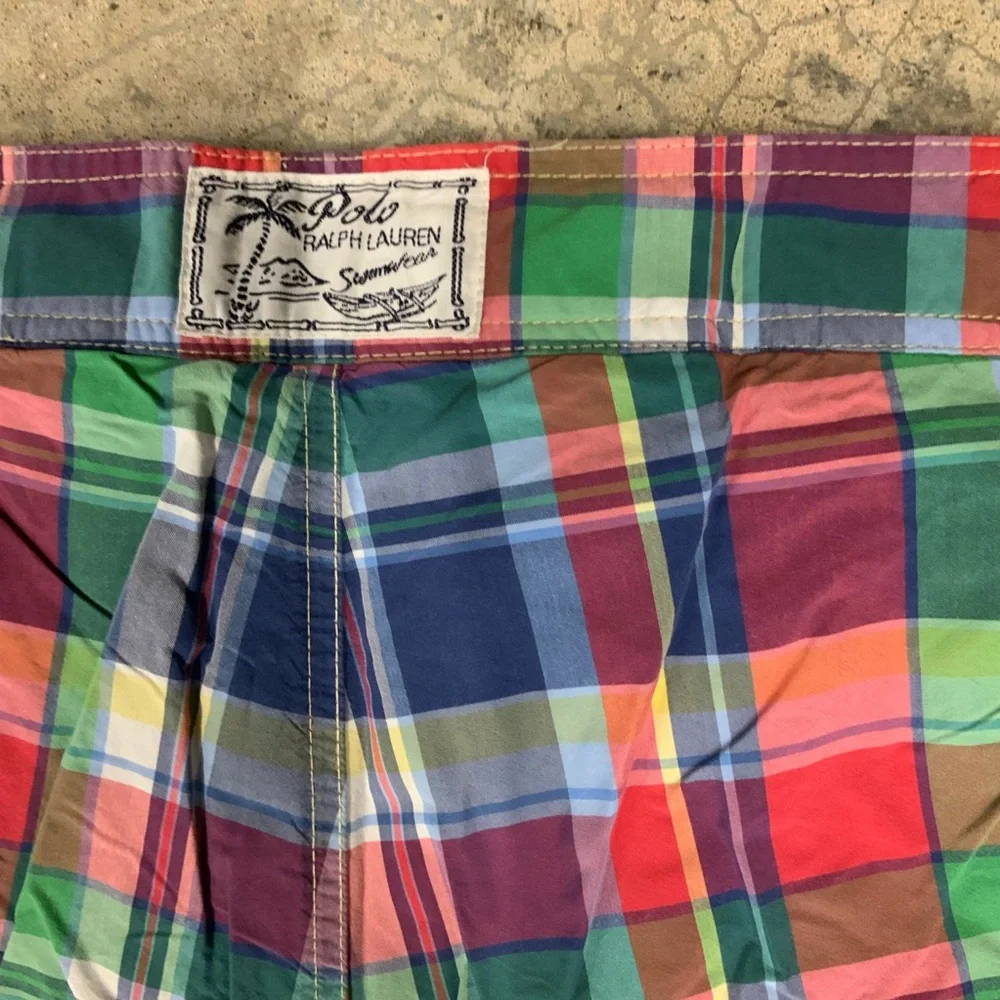 Polo by Ralph Lauren Mens 42 Plaid Swim Trunks Shorts‎ Lined Green Blue Red EUC